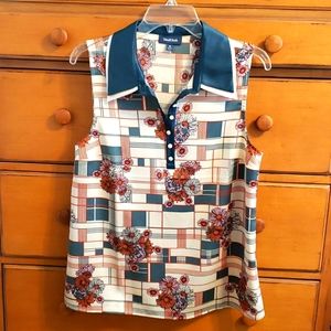 ModCloth Floral Sleeveless Button-up Blouse Cream Green Orange Size Medium